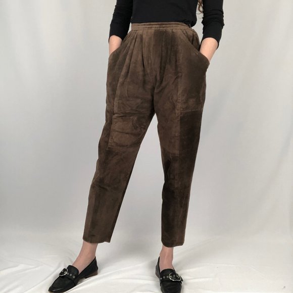 Stunning Vintage High Waisted Suede Leather Pleated Straight Leg Trouser Pants - Picture 2 of 7
